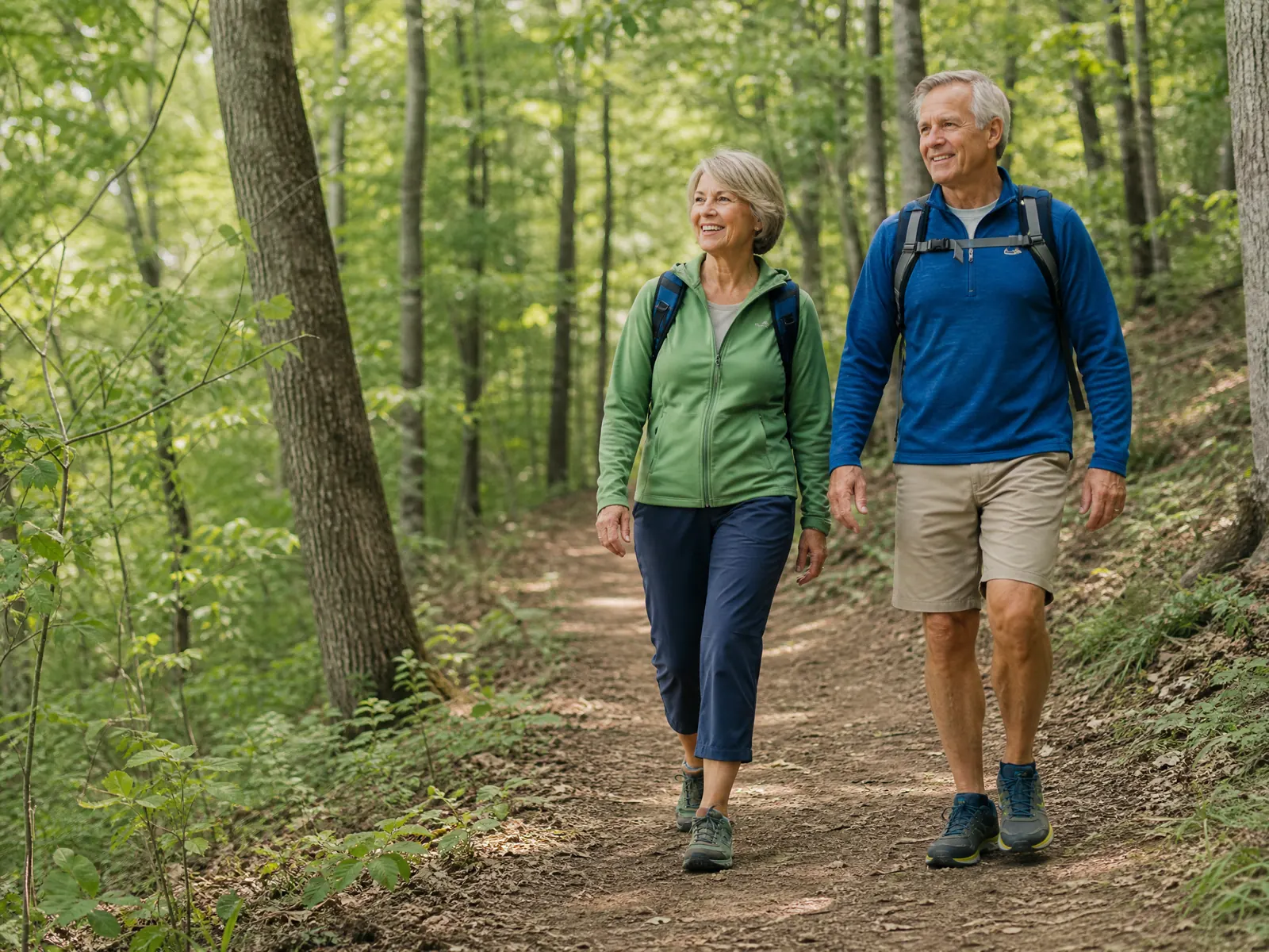 Two active adults over 50 hiking confidently together on a wooded trail